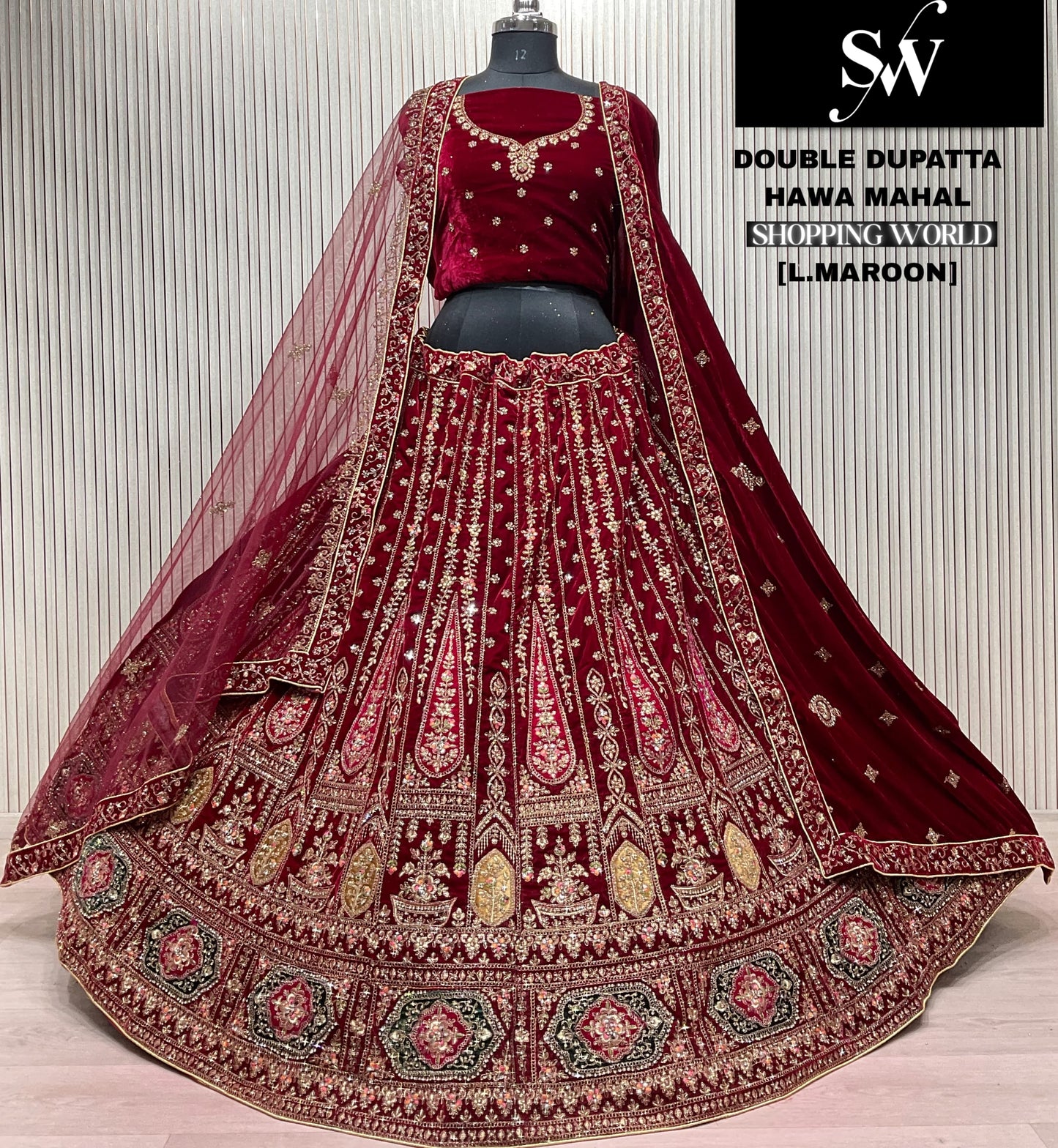 Delightful Dark maroon Double Duptta Bridal Lehenga