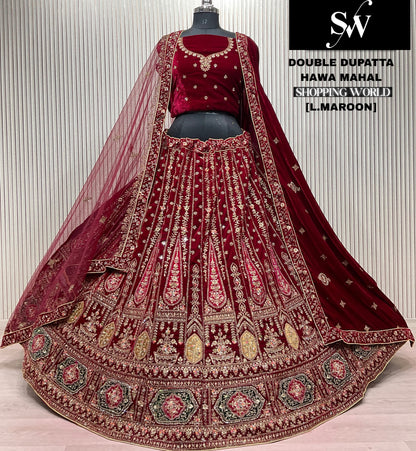 Delightful Dark maroon Double Duptta Bridal Lehenga