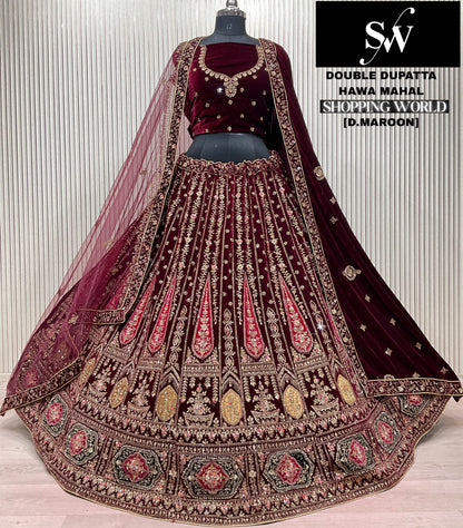 Delightful Dark maroon Double Duptta Bridal Lehenga