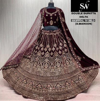 Something different Double Duptta Dark maroon Bridal Lehenga