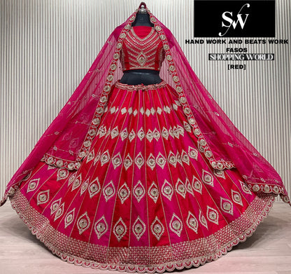Eye catching Rani pink Handwork Beadswork Bridal Lehenga
