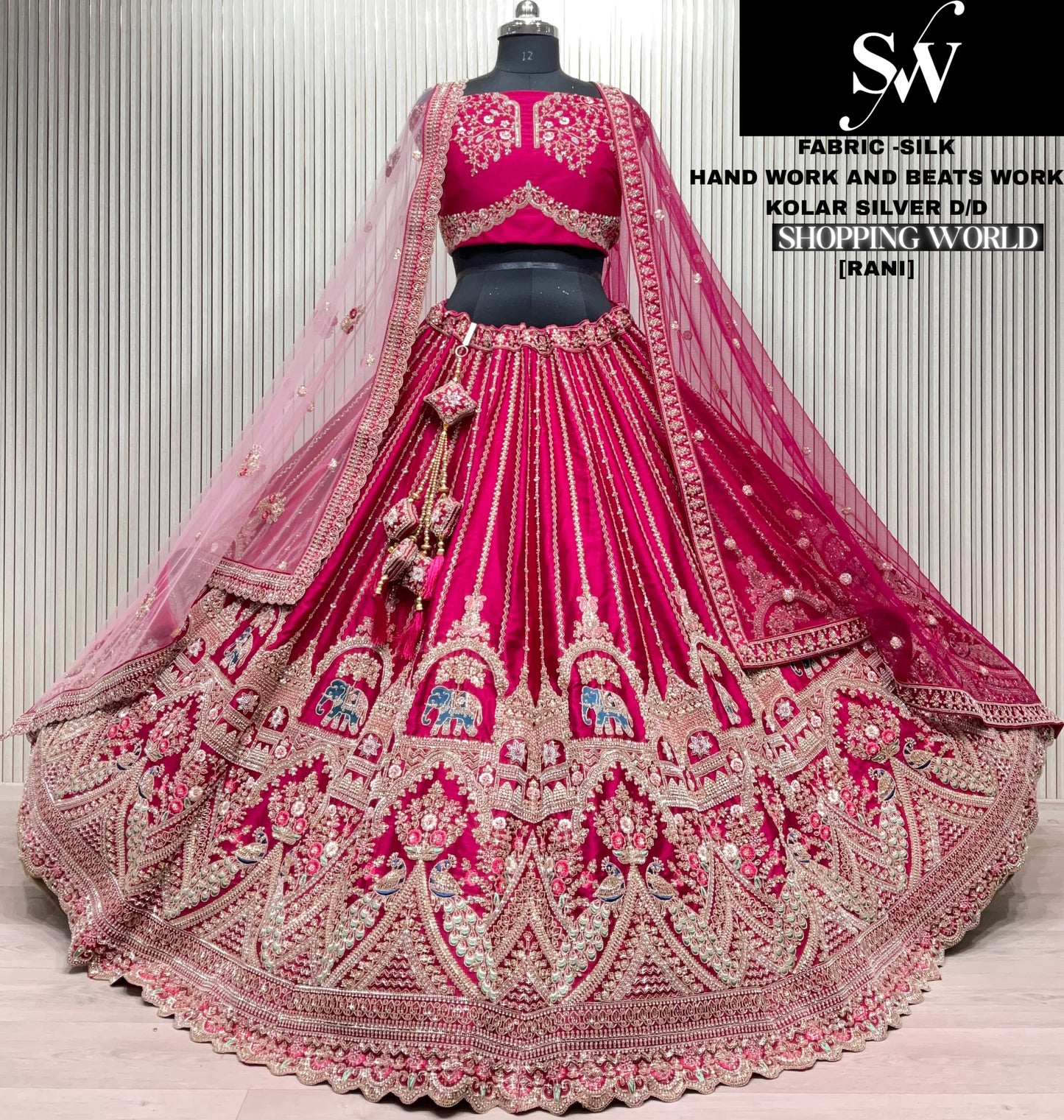 Gorgeous Rani pink peacock elephant Hand Beads work Bridal Lehenga