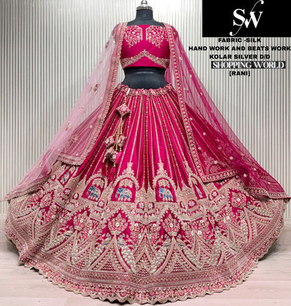 Gorgeous Rani pink peacock elephant Hand Beads work Bridal Lehenga