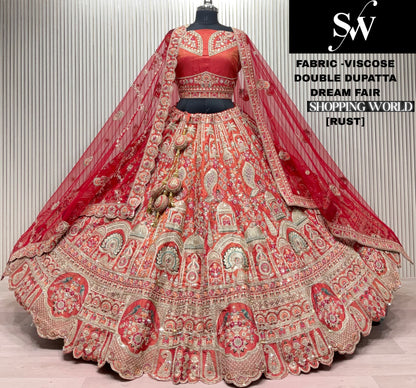 Lovely Rust Orange Viscous peacock Double Dupatta Bridal Lehenga