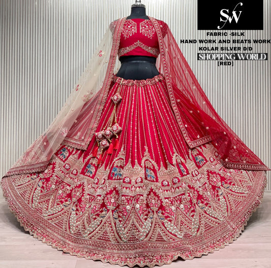 Astonishing red peacock elephant Hand Beads work Bridal Lehenga
