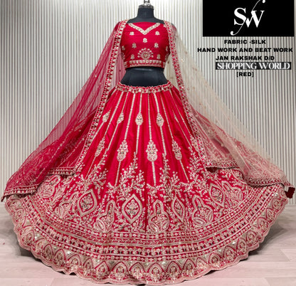 शानदार लाल रंग का हैंड बीट्स वर्क वाला डबल दुपट्टा ब्राइडल लहंगा