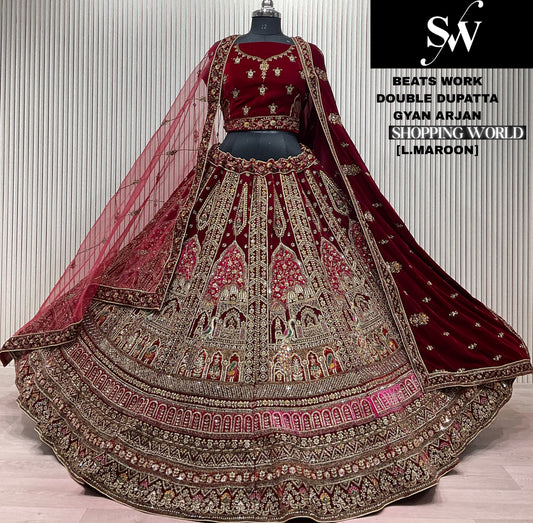 Amazing light Maroon Beats work Double Duptta Bridal Lehenga