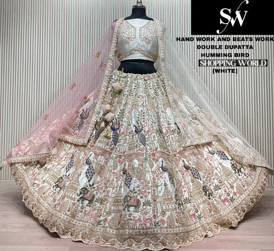 Eye Catching White Handwork Beats peacock Double Duptta Lehenga