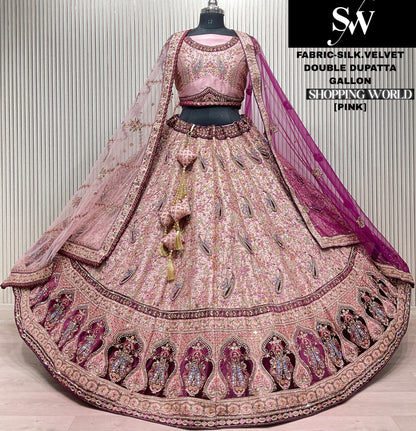 Pretty mehendi Green Silk Velvet Double Duptta Lehenga