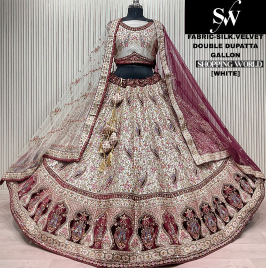 Lovely White Silk Velvet Double Duptta Lehenga