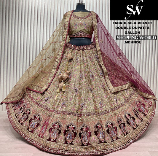 Pretty mehendi Green Silk Velvet Double Duptta Lehenga