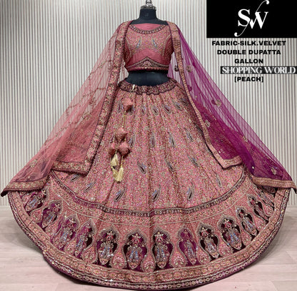 Pretty mehendi Green Silk Velvet Double Duptta Lehenga