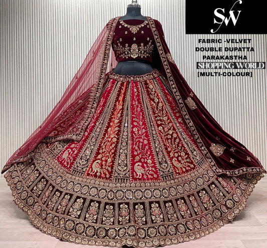 Tremendous Multicolour Maroon Double Duptta Velvet peacock Bridal Lehenga