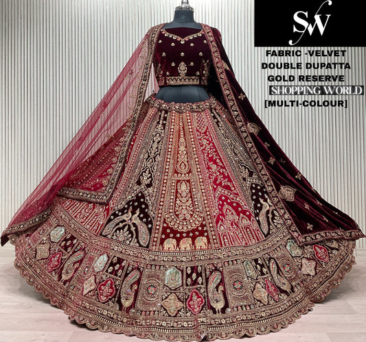 Designer Multicolour Maroon Double Duptta Velvet peacock Bridal Lehenga