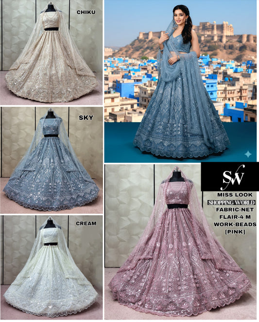 Amazing pink Cream White Sky blue Chiku golden Crop Top Lehenga