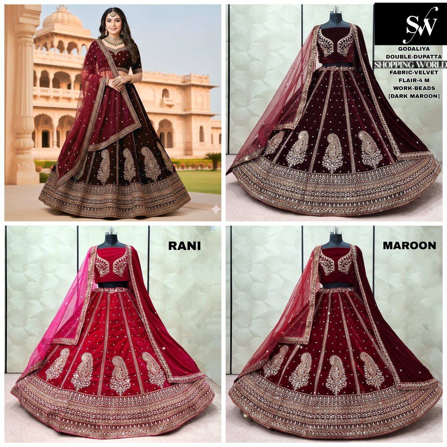 Astonishing Rani pink Dark maroon Maroon peacock Double Dupatta Bridal Lehenga