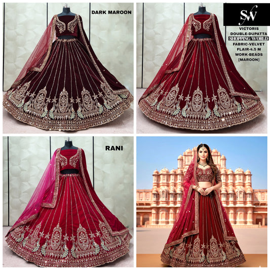 Attractive Dark Maroon Maroon Rani pink Peacock Velvet Double Dupatta Bridal Lehenga