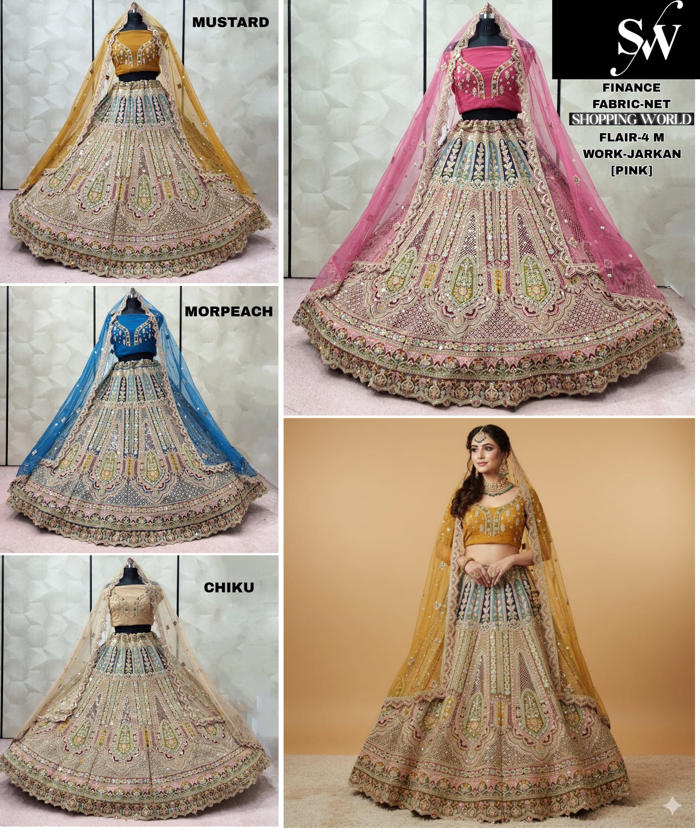 Fabulous Mustard Morpeach Blue Chiku golden Pink Net Lehenga