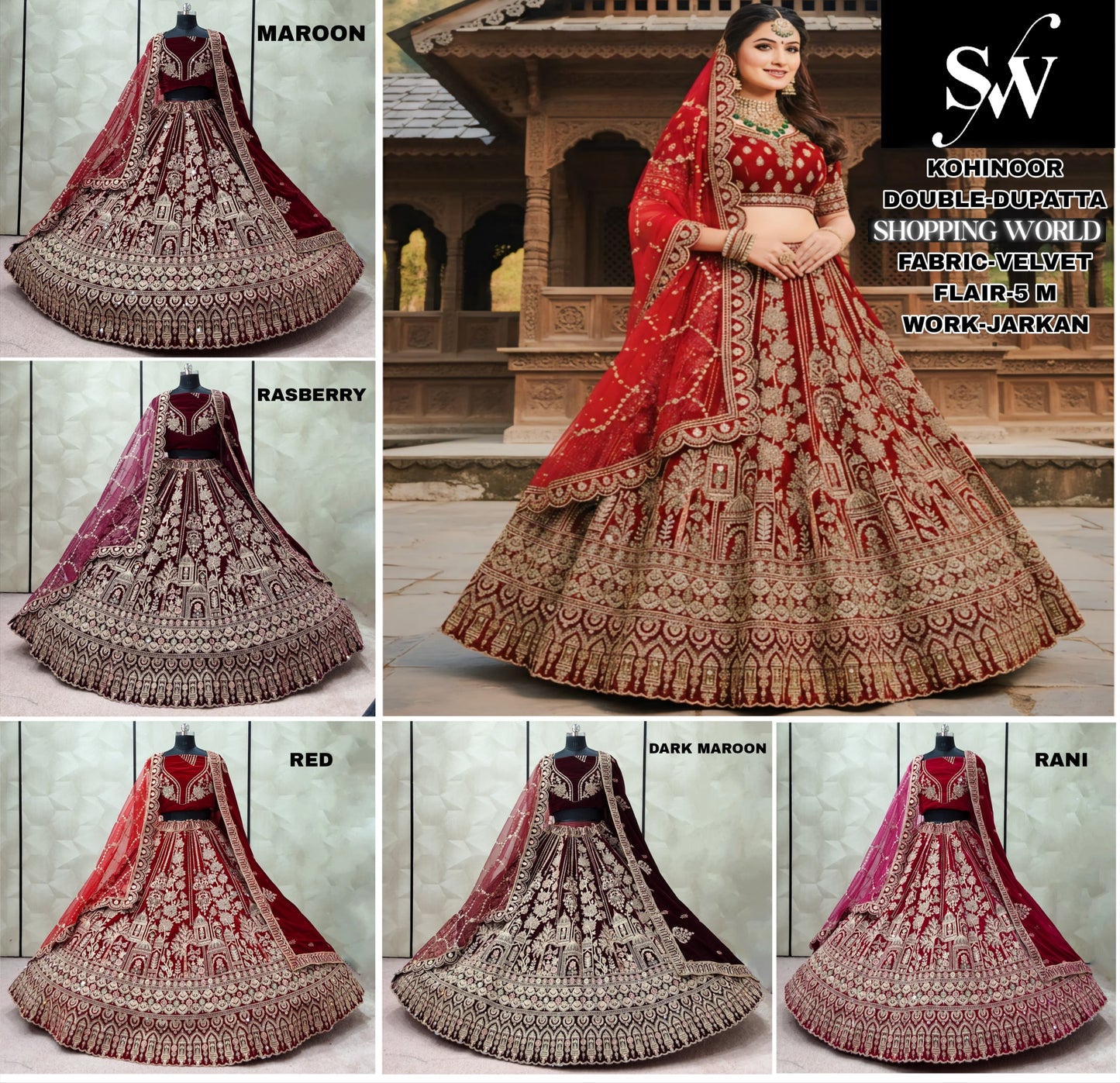Stunning Maroon Raspberry Red Dark maroon Rani pink Double Duptta Velvet Bridal Lehenga