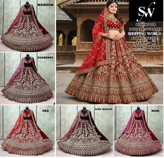 Stunning Maroon Raspberry Red Dark maroon Rani pink Double Duptta Velvet Bridal Lehenga