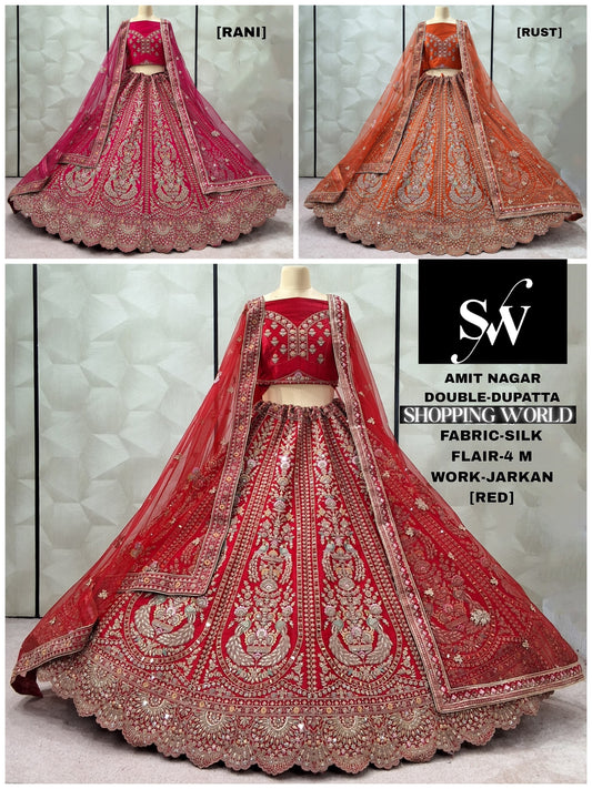 Lovely Rani pink Red Rust Orange Double Duptta peacock Silk Bridal Lehenga
