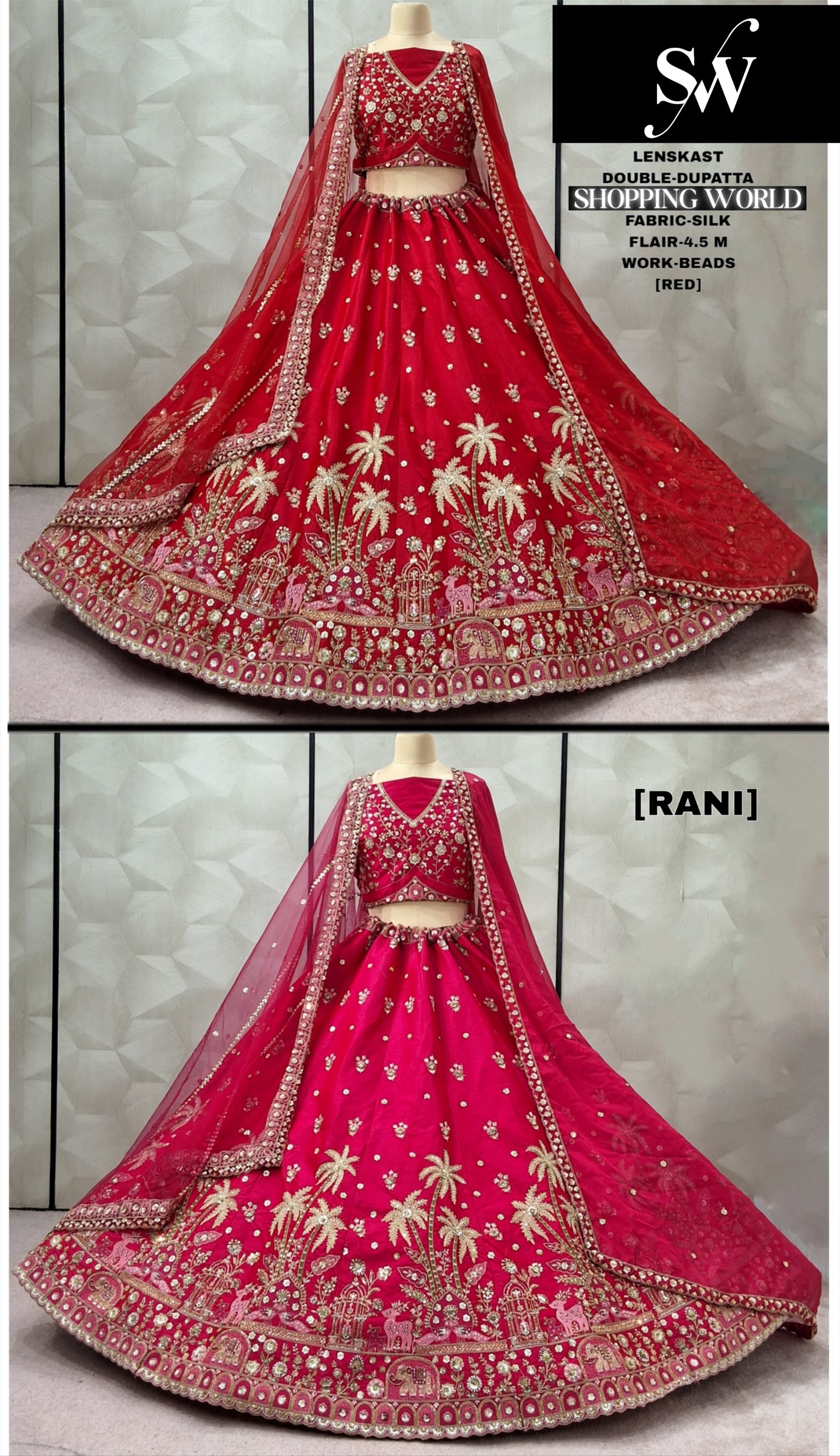 Pretty Rani pink Red Double Duptta Silk Bridal Lehenga