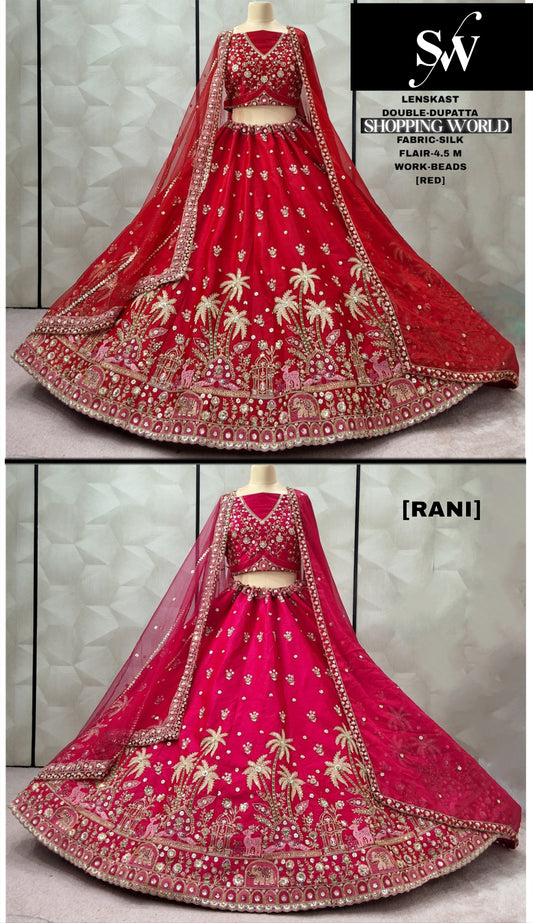 Pretty Rani pink Red Double Duptta Silk Bridal Lehenga