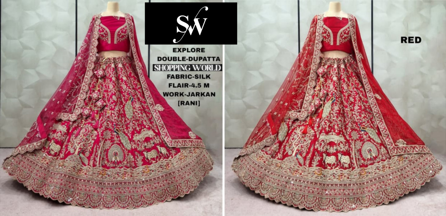 Tremendous Rani pink Red Double Duptta peacock Silk Bridal Lehenga
