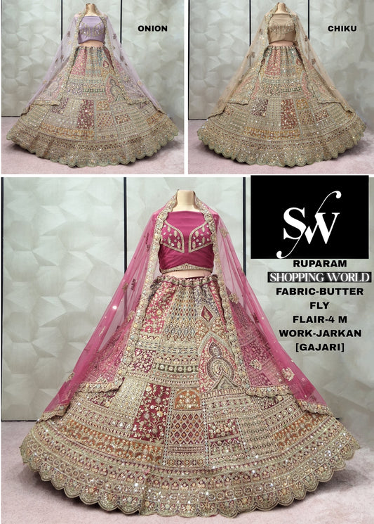 Designer Onion pink Chiku golden Gajri pink Butterfly Lehenga