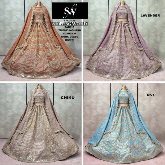 Eye Catching Rust Orange Sky blue Chiku Golden Lavender Tissue Jacquard Lehenga