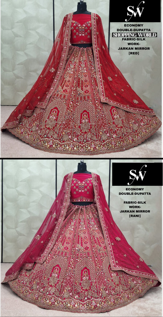 Charming Red Rani pink Silk Double Duptta Bridal Lehenga