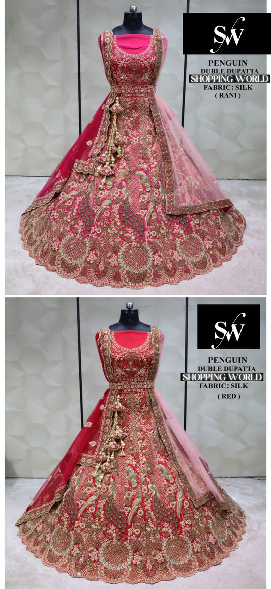 Lavishing Red Rani pink peacock Silk Double Duptta Bridal Lehenga