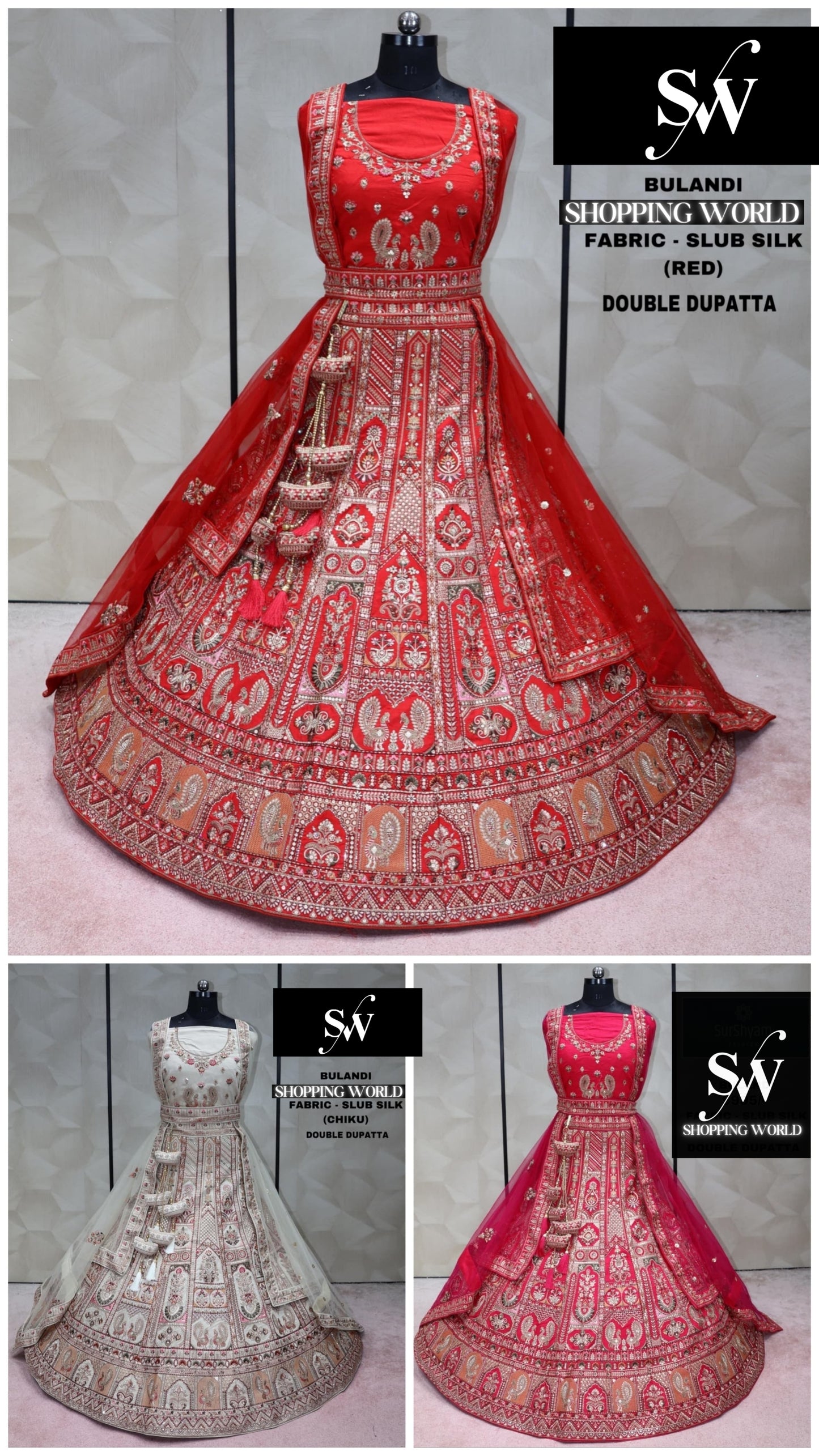 Elegant Red Rani pink Chiku golden Double Dupatta Slub Silk Bridal Lehenga