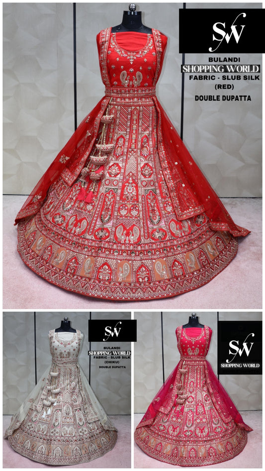 Elegant Red Rani pink Chiku golden Double Dupatta Slub Silk Bridal Lehenga