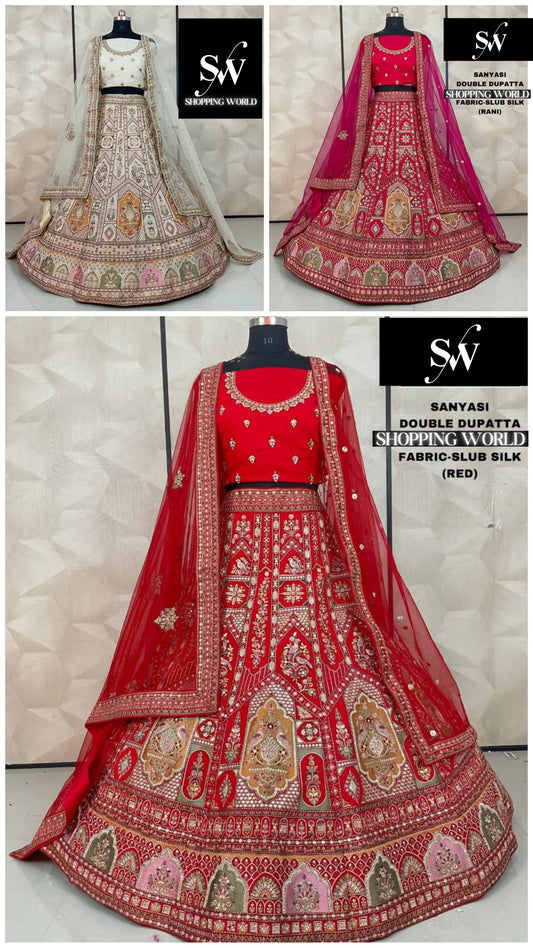 Engaging Red Rani pink White Double Dupatta Slub Silk Bridal Lehenga