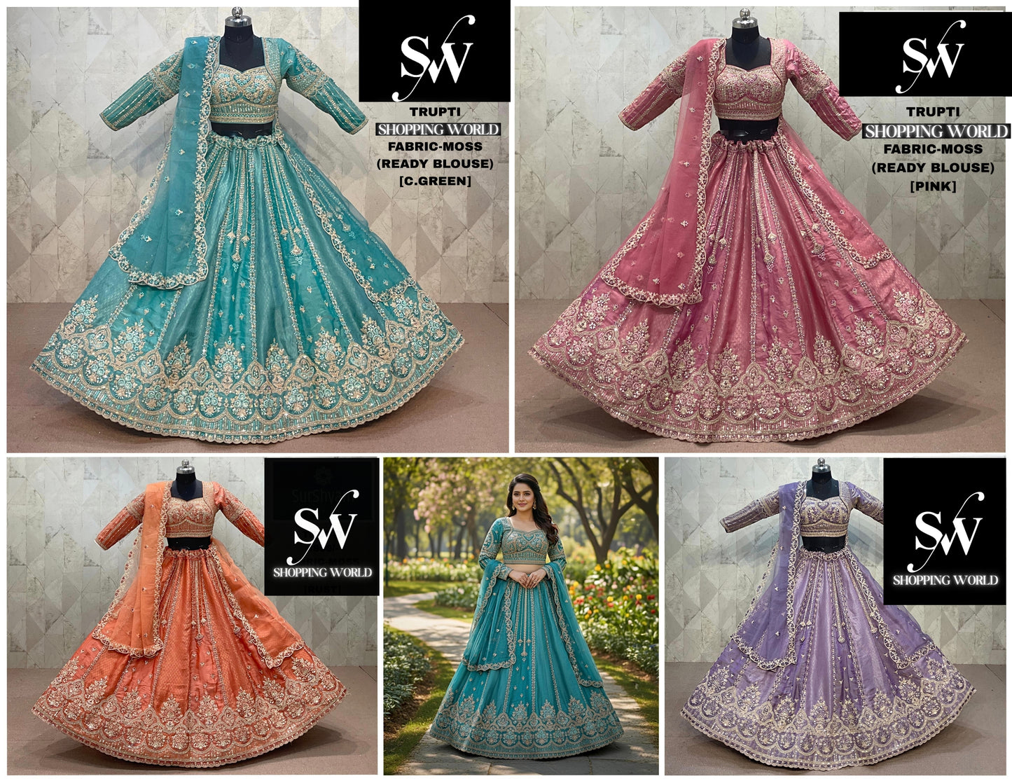 Embellished Sea blue green Pink Orange Lavender Moss  Lehenga