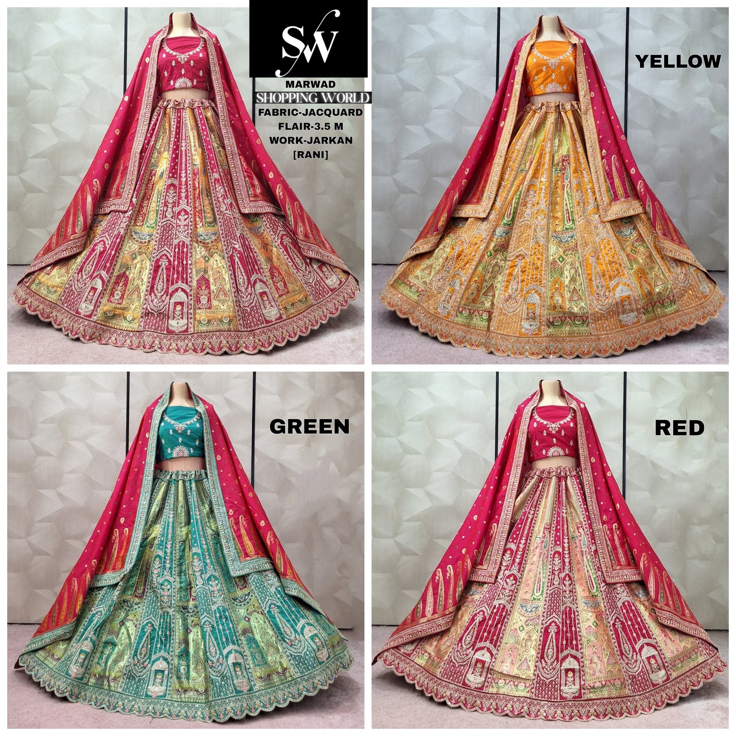 Stunning Rani pink Yellow Green red jacquard Lehenga