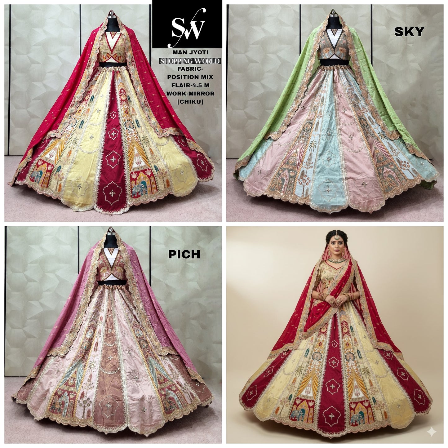 Gorgeous Chiku golden Sky blue Peach pink Lehenga