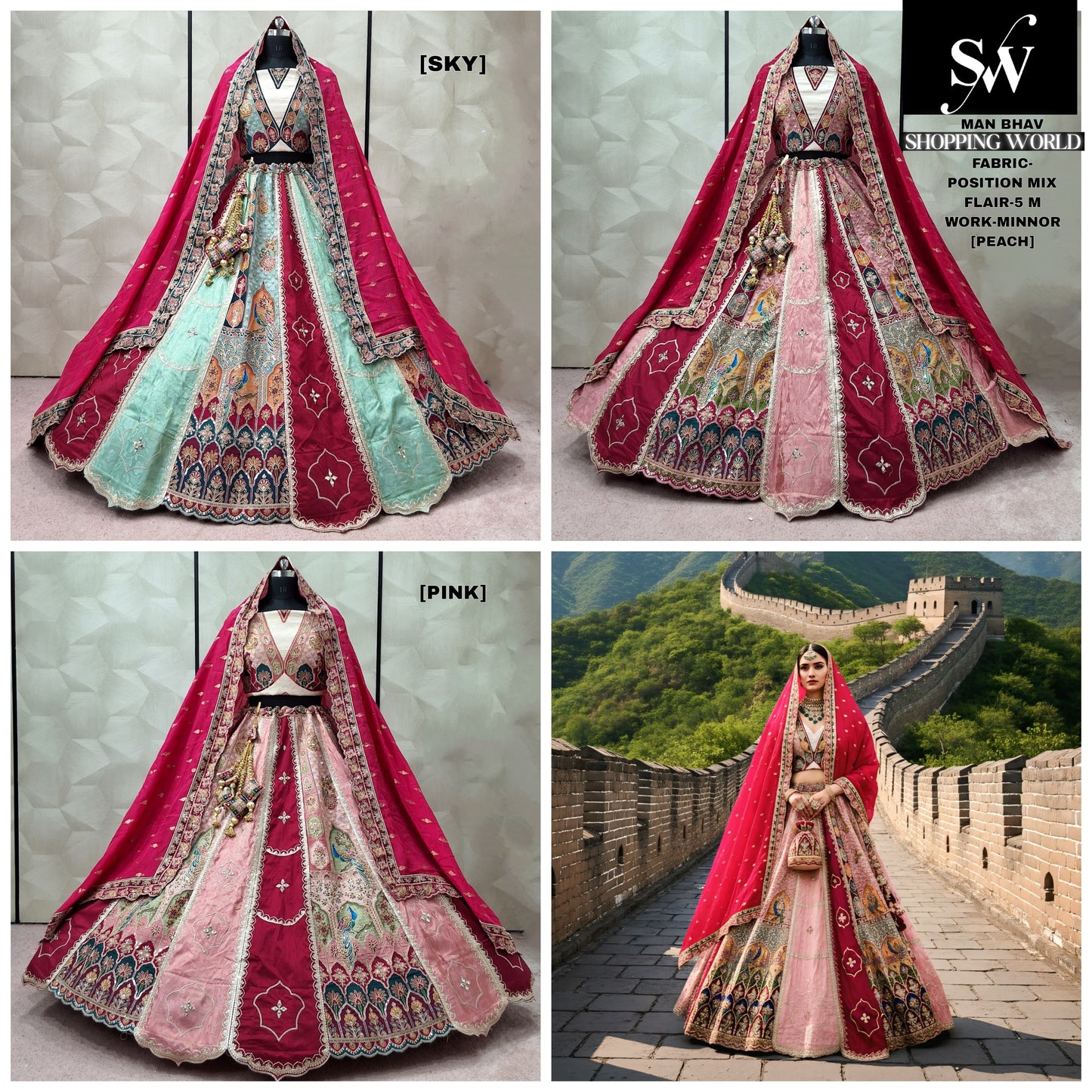 Attractive Sky blue Peach Pink position mix Lehenga