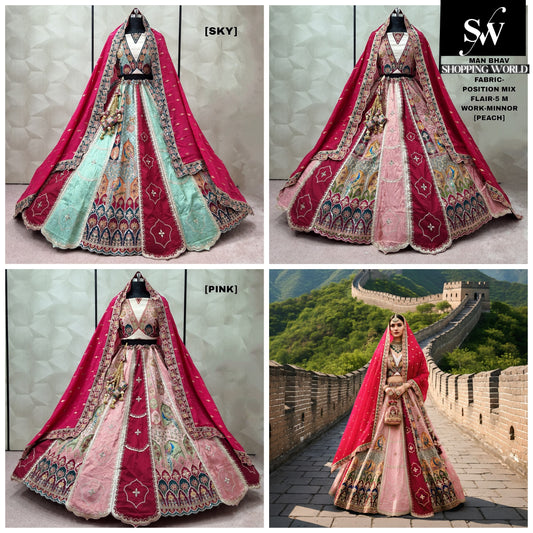 Attractive Sky blue Peach Pink position mix Lehenga
