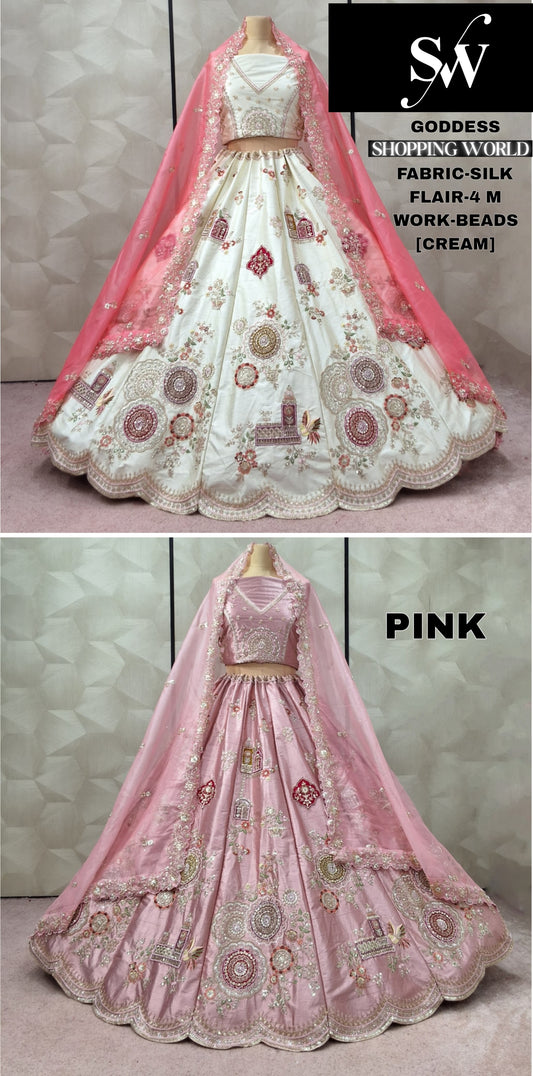 Fabulous Cream White pink Silk Lehenga