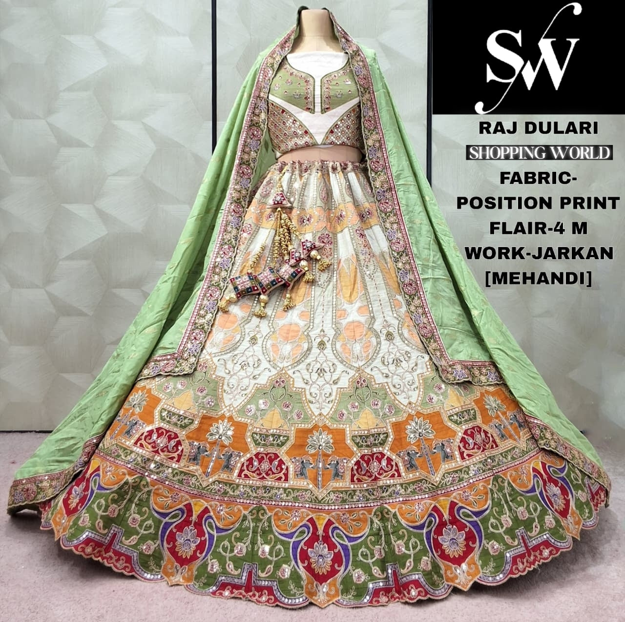 Pleasing Rani pink Sky blue pink pista green mehendi green position print Lehenga