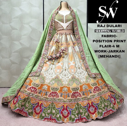 Pleasing Rani pink Sky blue pink pista green mehendi green position print Lehenga