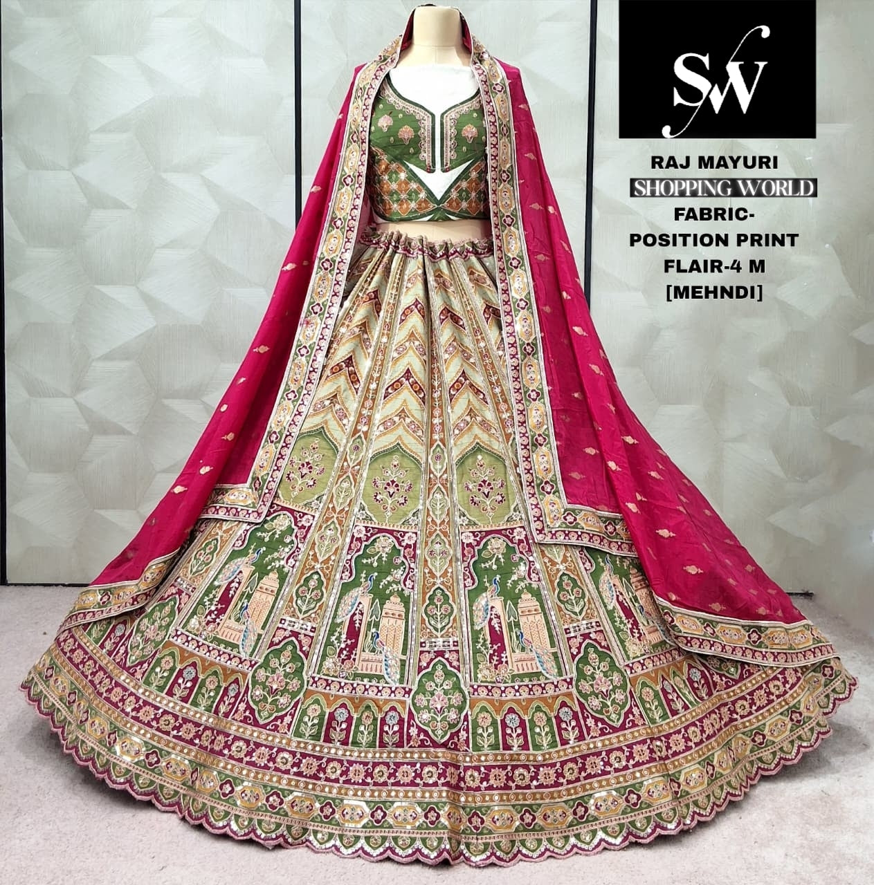 Lavishing Mehendi green Position print peacock Lehenga