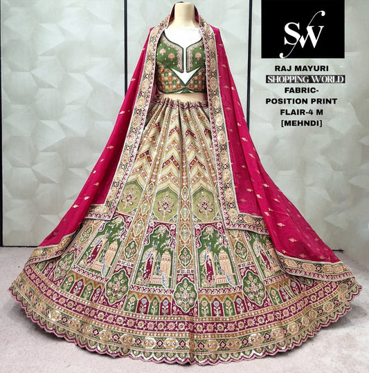 Lavishing Mehendi green Position print peacock Lehenga