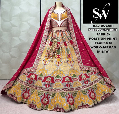 Pleasing Rani pink Sky blue pink pista green mehendi green position print Lehenga