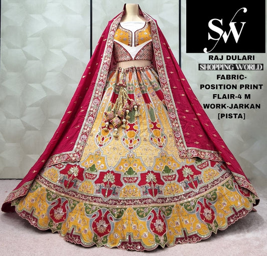 Eye Catching pista green yellow pink Sky blue Rani pink mehendi green position print Lehenga