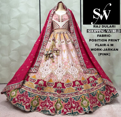 Pleasing Rani pink Sky blue pink pista green mehendi green position print Lehenga