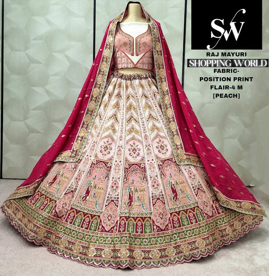 Khoobsurat peach Position print peacock Lehenga