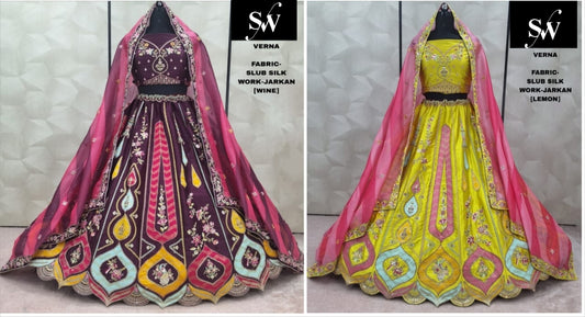 Elegant wine Lemon yellow Slub Silk Lehenga